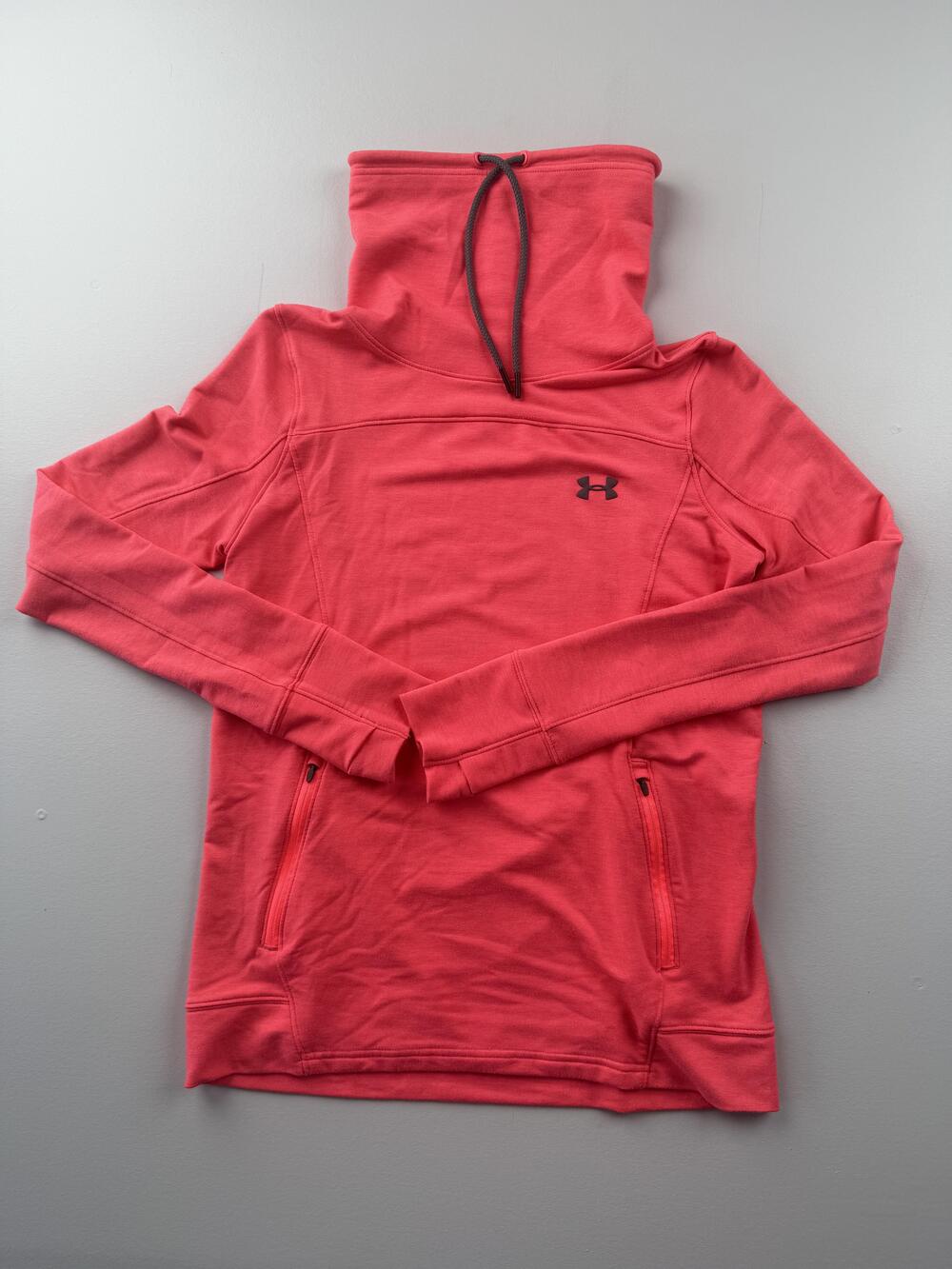 Under Armour Sweatshirt Womens Medium Pink Cowl Neck Pullover Zip Pockets Logo